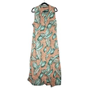 G by Giuliana Maxi Dress 1X Sleeveless Cover Up Green‎ Leaf Animal Print Button